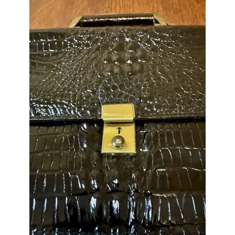 Vintage Black Faux Alligator Embossed Portfolio Handbag Briefcase Gold Tone